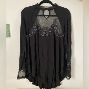 Free People Black Partial Mesh Floral Tunic Size M